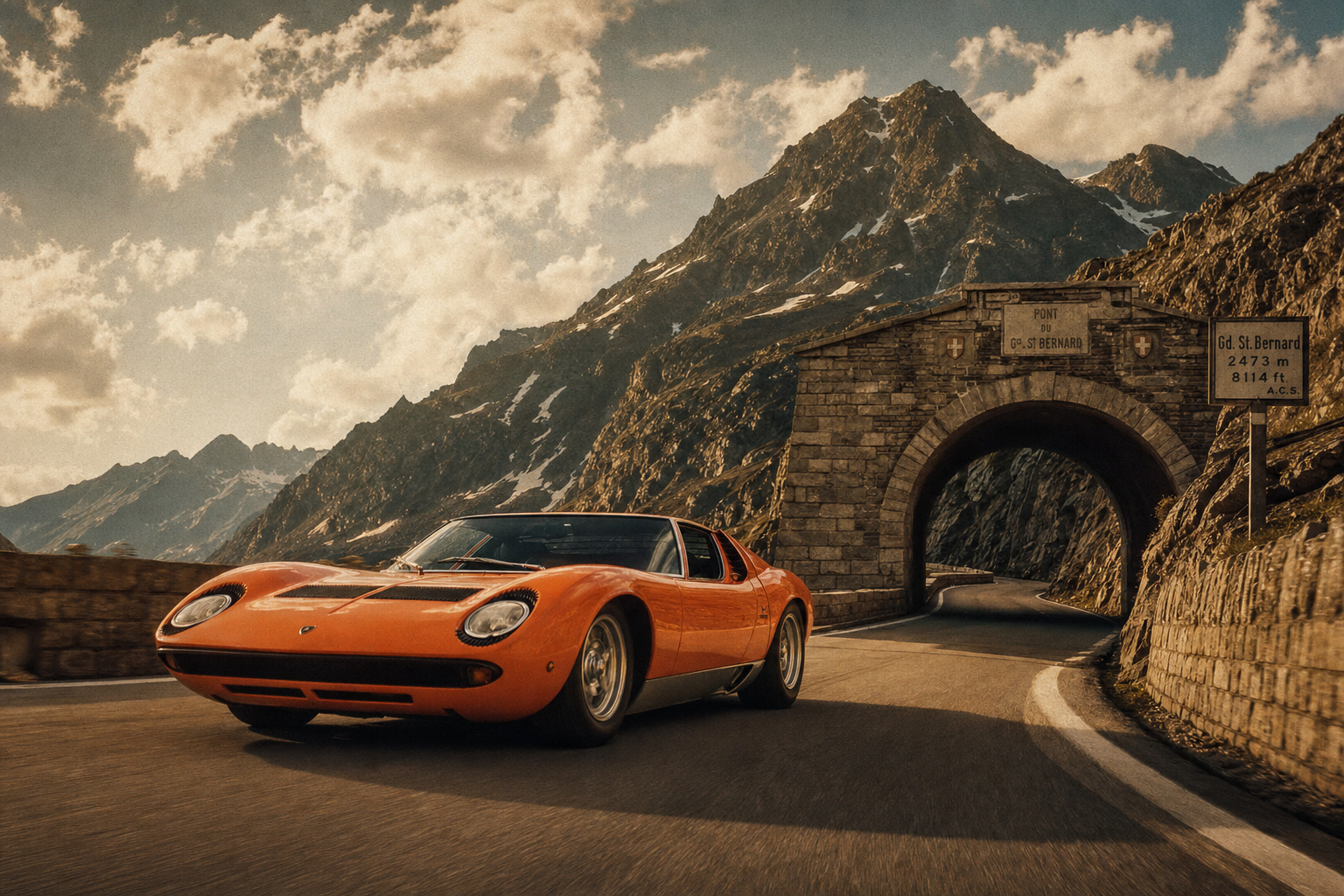 Lamborghini Miura on the Great St Bernard Pass