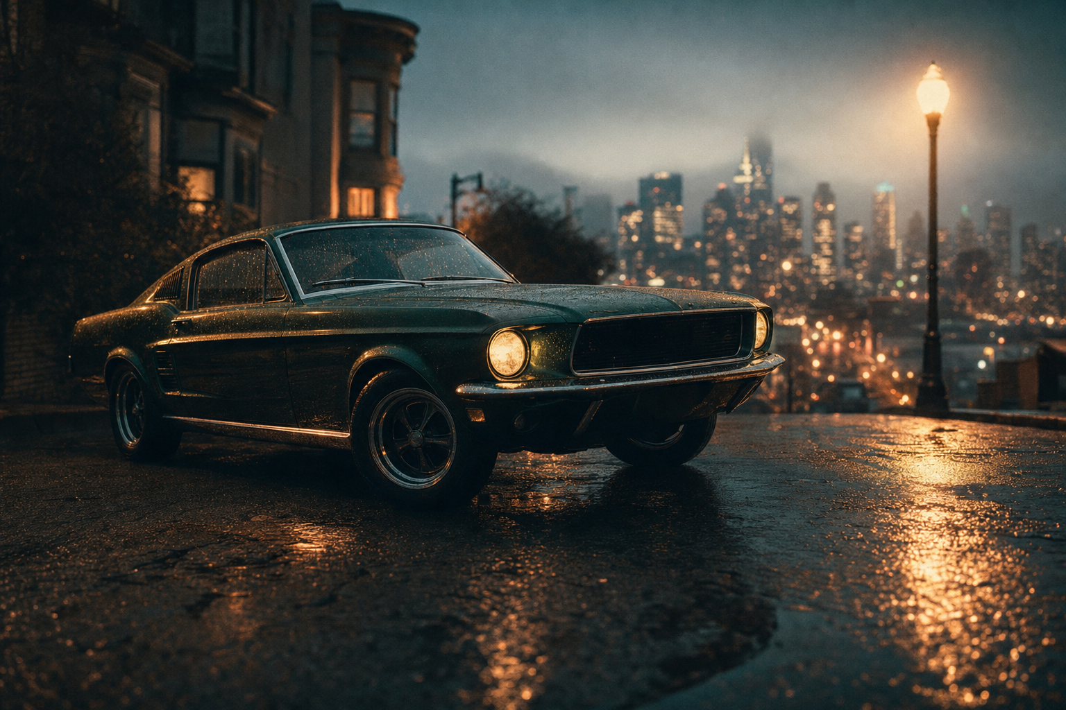 A Highland Green Ford Mustang fastback on a rain-slicked San Francisco street at dusk